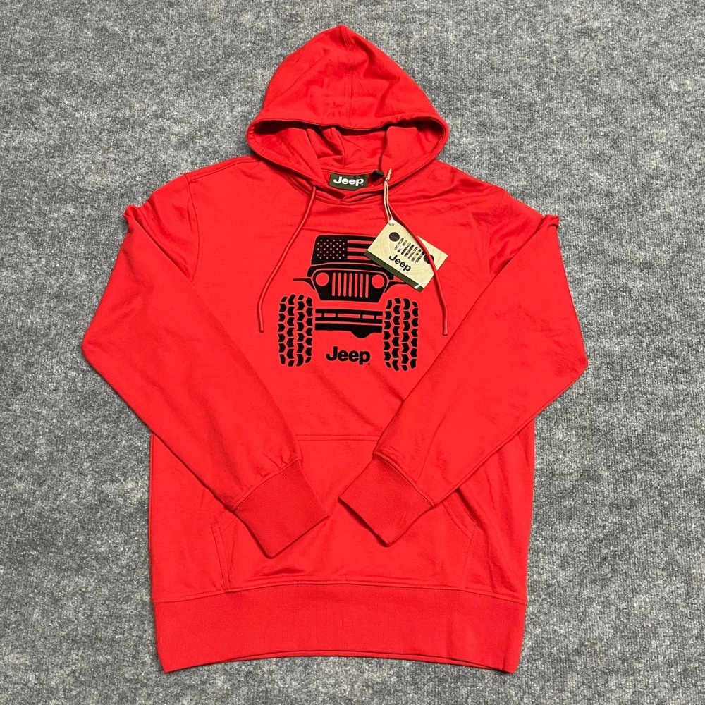 NEW Jeep Hoodie Mens Small Red Sweatshirt Off Road Terrain 4x4 USA American Flag